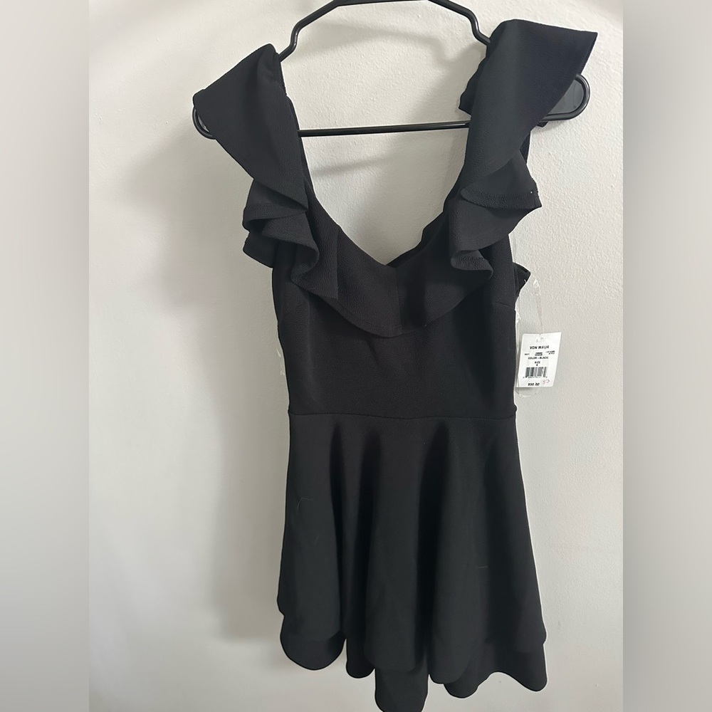 Crystal Doll Black Plunge Neck Flutter Sleeve Sundress